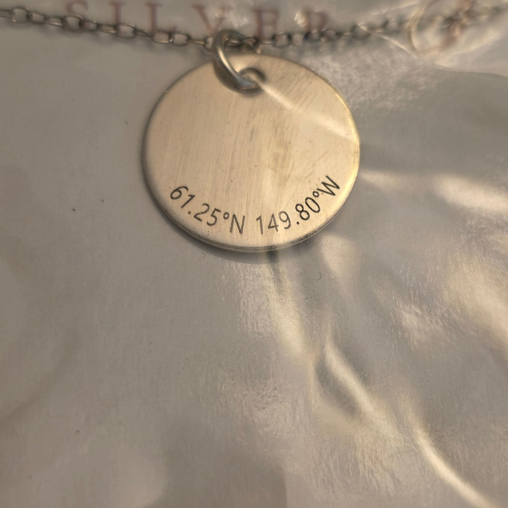 Sincerely Silver Coordinate Necklace Sterling Silver 61.25N 149.80W Anchorage AK